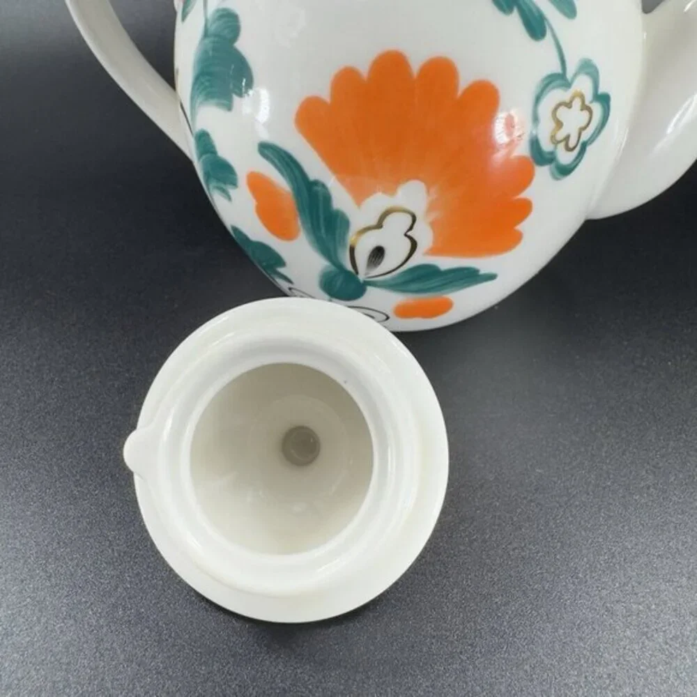 Anthropologie Stoneware‎ Ceramic Teapot Carafe Tea Pot With Green Orange Flowers